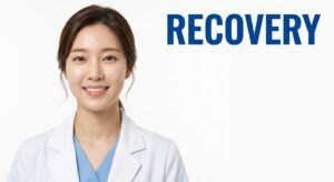 수술 후 관리와 밝은 미소를 보여주는 모델
